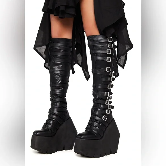 Gothic Black Buckle Strappy Monster Wedge Knee High Platform Boots - 9 - Picture 1 of 17